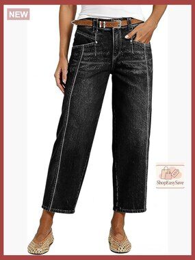 High Waist Wide Leg Crop Jeans Stretchy Barrel Leg Baggy Boyfriend Denim